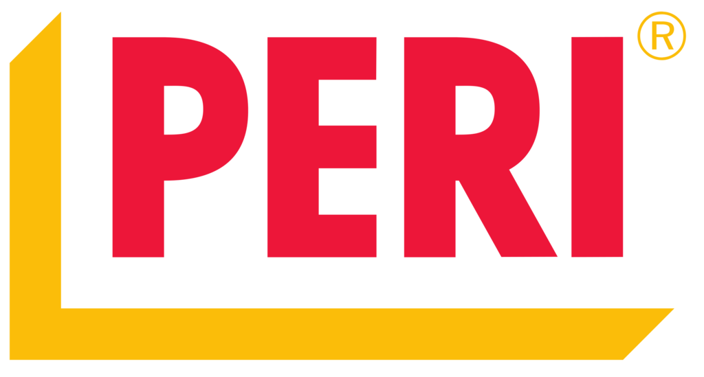 Logo mit rotem Schriftzug "PERI" und gelbem Winkelrahmen darunter.